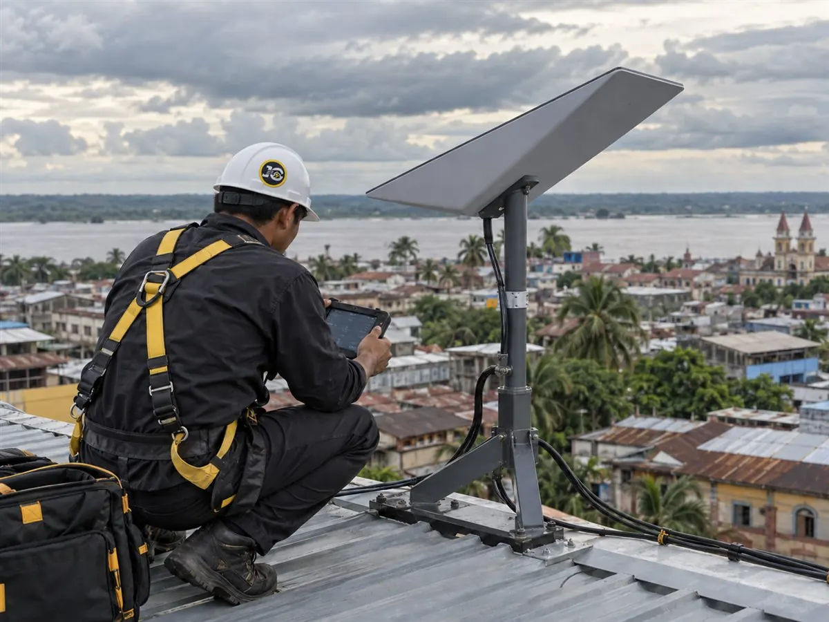 Técnico de jCANELO instalando internet satelital en Iquitos
