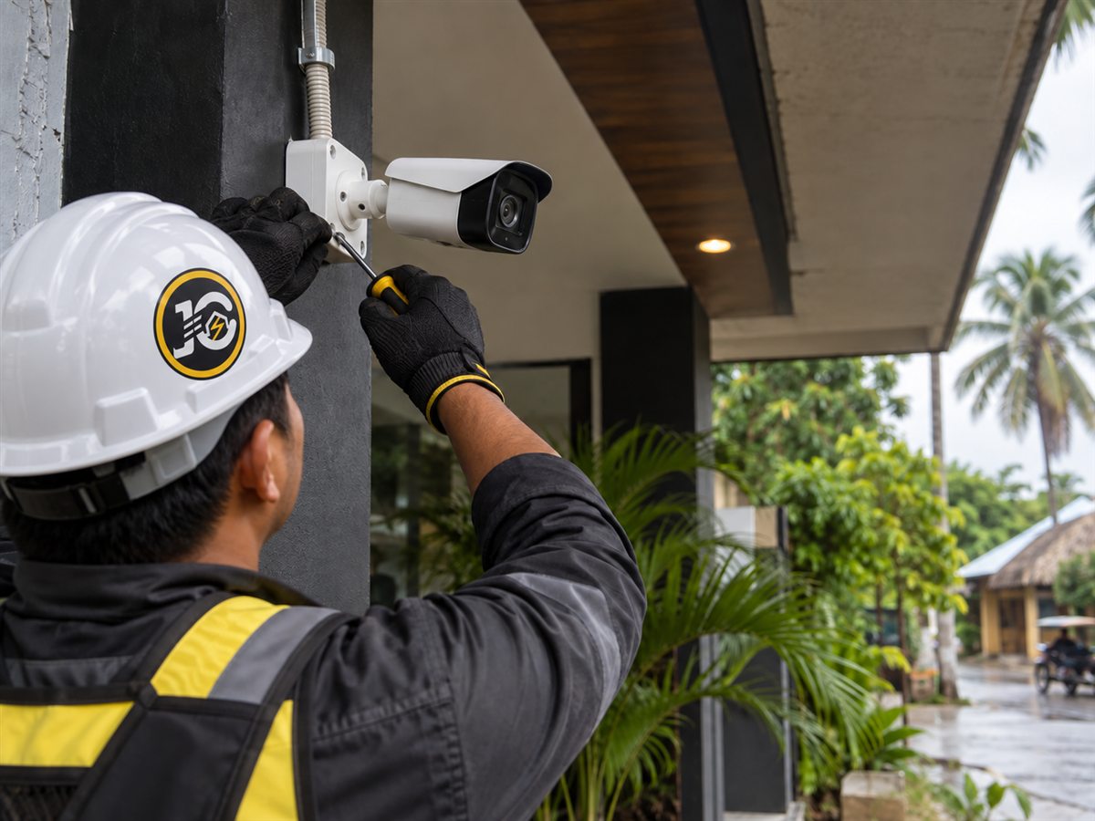 Técnico de jCANELO instalando una cámara de seguridad